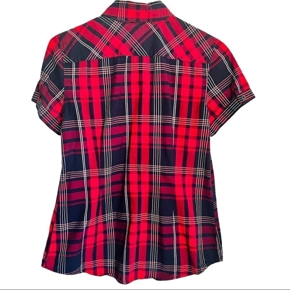 Tommy Hilfiger Plaid Button Up Collared Shirt Red and Navy Short Puffed Sleeve S - Picture 6 of 10